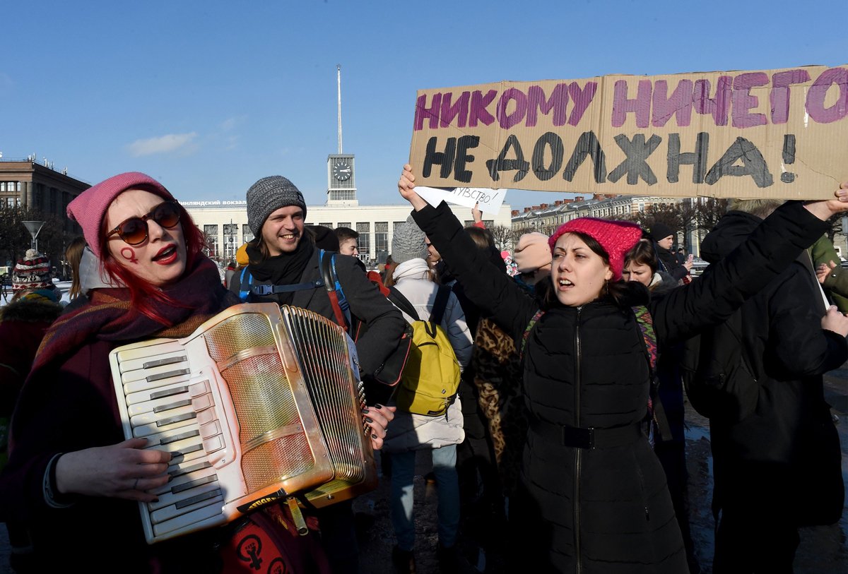 Митинг за гендерное равенство в Санкт-Петербурге, 8 марта 2019 года. Фото: Ольга Мальцева / AFP / Scanpix / LETA