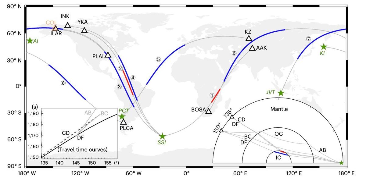 Сейсмические лучевые пути, использованные в исследовании. Источник:  Nature